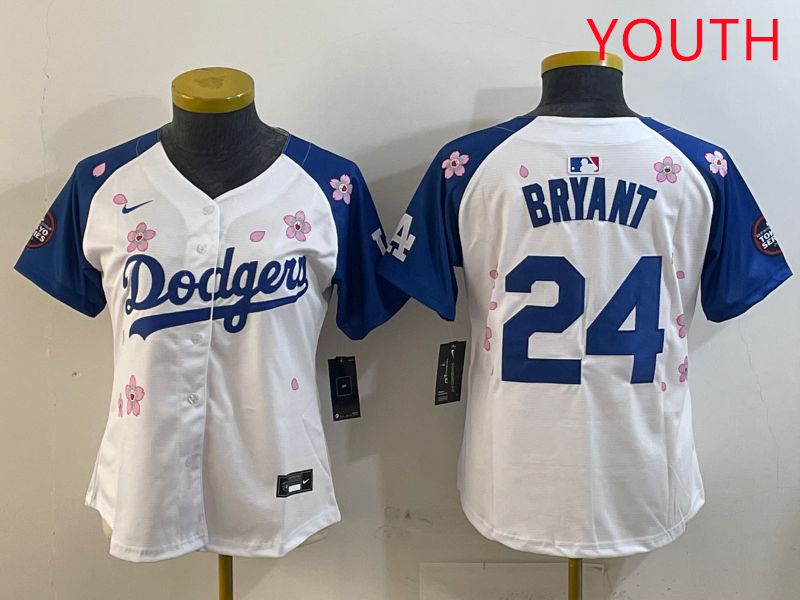 Youth Los Angeles Dodgers 24 Bryant White Blue Sakura Edition 2025 Nike MLB Jersey style 5